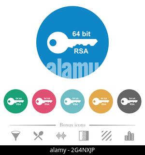 icônes blanches plates de chiffrement rsa 64 bits sur arrière-plan de couleur ronde. 6 icônes bonus incluses. Illustration de Vecteur