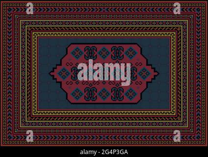 Moquette vintage avec ornements orientaux dans les tons rouge et bleu avec motifs gris, bordeaux, beige et marron sur fond noir Illustration de Vecteur