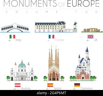 Monuments d'Europe en style caricature Volume 2 : Pont du Rialto (Italie), Château de Chenonceau (France), Stonehenge (Royaume-Uni), Karlskirche (Autriche), Sagrada Fami Illustration de Vecteur