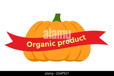 Grande citrouille orange avec des ombres sur les endroits saillants, avec une petite queue verte sur un fond blanc isolé avec un ruban rouge. Affiche, bannière, publicité, logo. Label biologique vegan pour le produit. Illustration de Vecteur