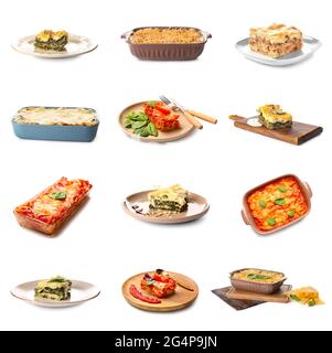 Ensemble de lasagnes maison savoureuses sur fond blanc Banque D'Images