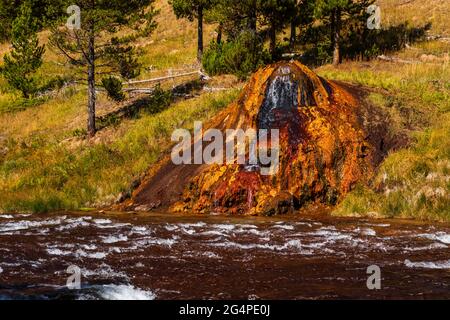 Le thermogramme Chocolate Pot éclate à côté de la rivière Gibbon dans le parc national de Yellowstone du bassin Gibbon Geyser, Wyoming Banque D'Images