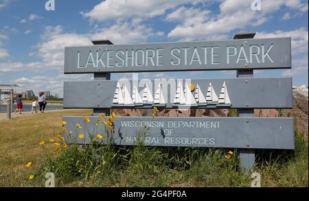 Milwaukee, Wisconsin, États-Unis. 22 juin 2021. Le craquage Art est un mouvement d'art public connu pour la création d'installations urbaines caractérisées par l'exposition d'animaux géants en plastique coloré recyclable. Le mardi 22 juin 2021, les 22 hirondelles sont le premier projet d'art temporaire au parc national Lakeshore, dans le centre-ville de Milwaukee crédit: Pat A. Robinson/ZUMA Wire/Alay Live News Banque D'Images