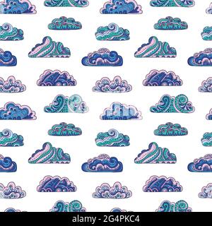 Motif sans couture avec des nuages de mandala aux motifs richement ornés. Illustration vectorielle dessinée à la main. Illustration de Vecteur