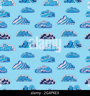 Motif sans couture avec des nuages de mandala aux motifs richement ornés. Illustration vectorielle dessinée à la main. Illustration de Vecteur