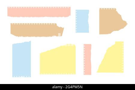 Jeu de papier couleur et artisanal déchiré. Feuilles déchirées de formes différentes. Modèles vides avec bord effiloché et perforation pour les éraflures, rappel, remarque. Feuille de notes pour album. Illustration vectorielle isolée Illustration de Vecteur