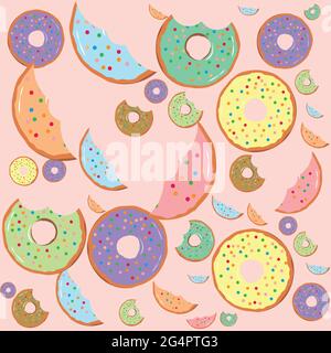 Motif sans couture avec beignets aux couleurs vives, assortiment de friandises pour enfants, pâtisseries pour la conception du menu, décoration de café Illustration de Vecteur