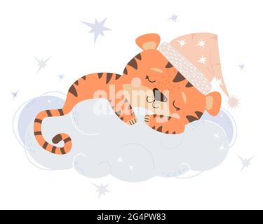 Un joli tiger cub dans un chapeau de nuit rose dort embrassant un nuage. Illustration vectorielle. Le concept d'un animal endormi pour enfants collection, conception Illustration de Vecteur