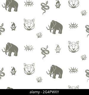 Motif de mammouth sans couture avec fond de thème de l'âge de pierre de tigre et serpent Illustration de Vecteur
