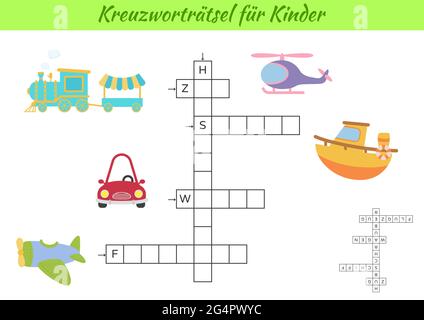 Mots croisés pour les enfants en allemand avec des photos de transport. Jeu éducatif pour étudier la langue et les mots allemands. Feuille de travail imprimable de l'activité enfants. Illustration de Vecteur