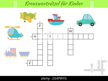 Mots croisés pour les enfants en allemand avec des photos de transport. Jeu éducatif pour étudier la langue et les mots allemands. Feuille de travail imprimable de l'activité enfants. Illustration de Vecteur
