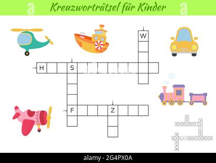 Mots croisés pour les enfants en allemand avec des photos de transport. Jeu éducatif pour étudier la langue et les mots allemands. Feuille de travail imprimable de l'activité enfants. Illustration de Vecteur