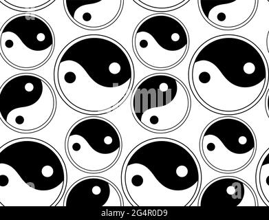 Motif sans couture avec silhouette noire de Yin yang sur fond blanc. Papier peint avec le symbole du bouddhisme de l'équilibre et de la paix. Texture vectorielle pour le tissu. Illustration de Vecteur