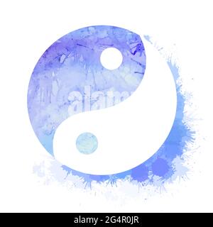 Symbole bleu yin yang aquarelle avec des touches et des points. Le bouddhisme est le symbole de l'équilibre et de la paix. Icône vectorielle. Isolé sur fond blanc Illustration de Vecteur