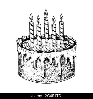 Gâteau d'anniversaire dessiné à la main avec bougies isolées sur blanc. Illustration vectorielle dans le style d'esquisse Illustration de Vecteur