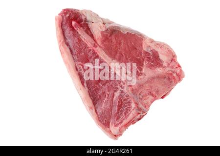 Vue en hauteur du steak de portreuse cru, viande de bœuf de qualité isolée sur fond blanc Banque D'Images