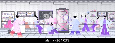 Équipe de scientifiques travaillant avec des chercheurs en ADN faisant des expériences en laboratoire Test ADN diagnostic génétique concept Illustration de Vecteur