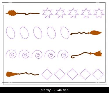 jeu de formation à l'écriture manuscrite pour les enfants, point à point, balai de sorcière, halloween. vecteur isolé sur fond blanc Illustration de Vecteur