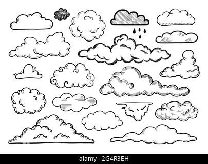 Ensemble de nuages dessinés à la main. Nuage de style d'esquisse Doodle. Tracé de griffonnage de contour simple. Illustration vectorielle. Illustration de Vecteur