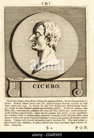 Marcus Tullius Cicero, 106-43 av. J.-C., homme d'État romain, avocat, érudit, Philosophe et sceptique académique. Cicero. Gravure sur plaque de coperplate par Pieter Bodart (1676-1712) de Henricus Soud's Deorum et Heroum, Vicorum et Mulierum Illastrium imagines Antiquae Illastatae, Dieux et héros, hommes et femmes, illustré avec des images anciennes, Petrum, Amsterdam, 1715. Publié pour la première fois sous le nom de Favissæ utriusque antiquitatis tam Romanæ quam Græcæ en 1707. Henricus Spoor était médecin néerlandais, érudit classique, poète et écrivain, fl. 1694-1716. Banque D'Images