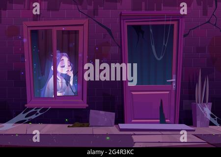 Maison hantée avec un triste fantôme assis dans l'obscurité derrière la fenêtre. Effrayant a abandonné l'extérieur de vieux bâtiment avec l'esprit de femme mort à l'intérieur, le mur et la porte fissurés. Illustration du vecteur de crachoir effrayant d'Halloween Illustration de Vecteur