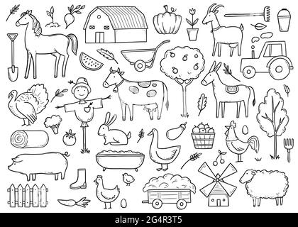 Ensemble tiré à la main animal de ferme, cheval, vache, nourriture de fermier. Style d'esquisse Doodle. Contexte de la vie agricole, icône. Illustration vectorielle isolée. Illustration de Vecteur