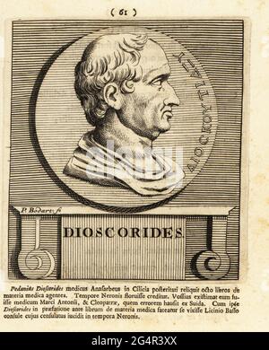 Pedanius Dioscorides, c.40–90 AD, médecin grec, pharmacologue, botaniste et auteur de de materia medica, une encyclopédie grecque sur la phytothérapie ou la pharmacopée. Dioscorides. Gravure sur plaque de coperplate par Pieter Bodart (1676-1712) de Henricus Soud's Deorum et Heroum, Vicorum et Mulierum Illastrium imagines Antiquae Illastatae, Dieux et héros, hommes et femmes, illustré avec des images anciennes, Petrum, Amsterdam, 1715. Publié pour la première fois sous le nom de Favissæ utriusque antiquitatis tam Romanæ quam Græcæ en 1707. Henricus Spoor était médecin néerlandais, érudit classique, poète et écrivain, fl. 1694-1716. Banque D'Images