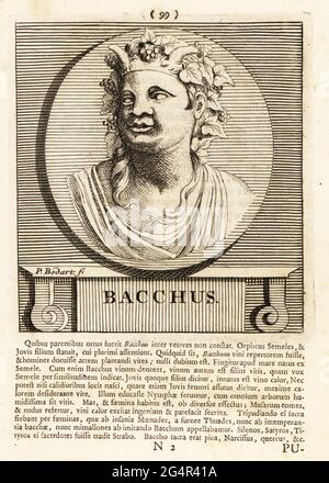 Bacchus, dieu romain de la vendange, de la vinification et du vin, de la fertilité, de la folie, de la folie rituelle, extase religieuse, fête et théâtre. Dans une couronne de feuilles de vigne. Dieu grec Dionysus. Gravure sur plaque de coperplate par Pieter Bodart (1676-1712) de Henricus Soud's Deorum et Heroum, Vicorum et Mulierum Illastrium imagines Antiquae Illastatae, Dieux et héros, hommes et femmes, illustré avec des images anciennes, Petrum, Amsterdam, 1715. Publié pour la première fois sous le nom de Favissæ utriusque antiquitatis tam Romanæ quam Græcæ en 1707. Henricus Spoor était médecin néerlandais, érudit classique, poète et écrivain, fl. 1694-1716 Banque D'Images