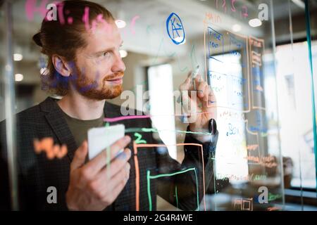 Jeune homme travaillant avec des bases de données et des diagrammes, écrivant des idées sur le mur de verre de bureau Banque D'Images