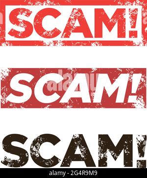 Ensemble de trois timbres rouges Scam grunge. Étiquette de signe vecteur carré SCAM isolée. Illustration de Vecteur