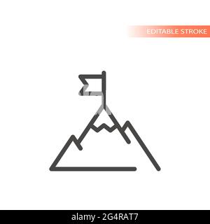 Sommet ou sommet de montagne avec icône de vecteur de ligne drapeau. Contour de l'objectif de réalisation de l'entreprise, contour modifiable. Illustration de Vecteur