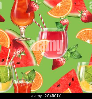 Arrière-plan d'été dynamique. Motif sans couture avec cocktails et fruits. Banque D'Images