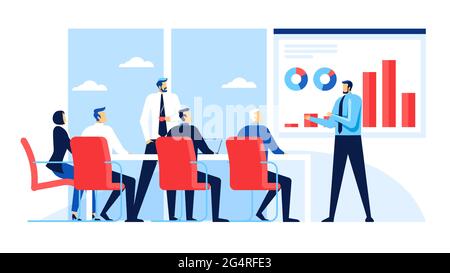 Réunion de l'équipe d'affaires. Les employés de bureau discutent de la stratégie de l'entreprise. Conférence de présentation, brainstorming, concept de vecteur de formation. Travail d'équipe ou collaboration entre collègues, conversation Illustration de Vecteur