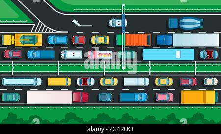 Vue de dessus de l'autoroute avec embouteillage. Beaucoup de voitures différentes dans la rue de la ville. Problème de transport, transport urbain sur une illustration de vecteur de route bloquée. Les véhicules se déplacent lentement sur les voies de passage Illustration de Vecteur