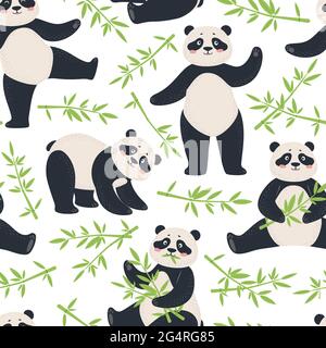 Motif panda. Pandas mignons aux feuilles de bambou. Dessin animé Happy asian ours personnages animal enfant tissu imprimé sans couture vector texture. Drôle de mammifère assis, dansant, mangeant des feuilles de plantes Illustration de Vecteur