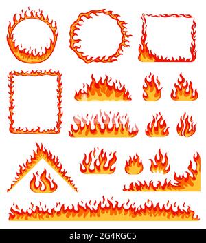 Cadre de feu de dessin animé. Cercle rouge à chaud et cadres rectangulaires. Bordure de flamme horizontale, feu de camp, ensemble de vecteurs à effet de ligne de feu flamboyant. Formes géométriques inflammables comme triangle de cercle Illustration de Vecteur
