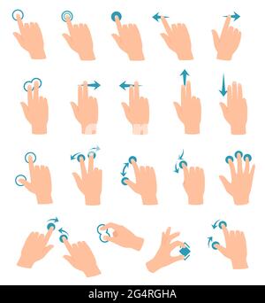 Mouvements de l'écran tactile. Mouvement de la tablette ou du smartphone faites glisser, touchez, cliquez, zoomez. Ensemble de vecteurs d'icône de mouvement de la main des périphériques tactiles de dessin animé. Utilisation de l'appareil ou de la technologie avec différents mouvements Illustration de Vecteur