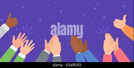 Claquement à la main. Équipe diversifiée célébrant le succès. Les gens applaudisse et donnent le pouce. Illustration vectorielle Ovation gagnante, festive. Des personnages qui applaudissent les gagnants ou les artistes Illustration de Vecteur