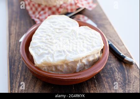 Collection de fromages, fromages français de la région normande, neufchatel en forme de coeur gros plan Banque D'Images