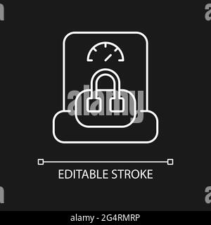 Poids des bagages à main icône linéaire blanche pour thème sombre. Sac à main pesant à l'aéroport. Illustration personnalisable à lignes fines. Symbole de contour de vecteur isolé Illustration de Vecteur