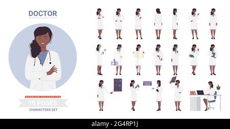 Afro-américain noir médecin pose jeu d'illustrations vectorielles. Caricature femme souriante personnage portant un sac médical uniforme stéthoscope travaillant, fille médecin personnel posant des postures de travail isolé Illustration de Vecteur