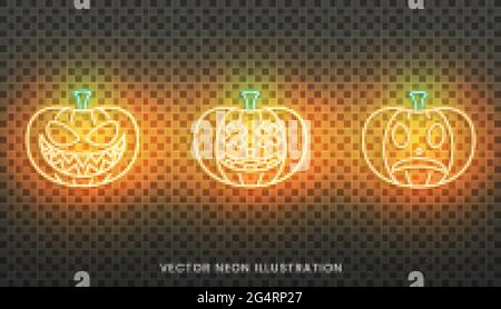 Panneau de citrouille au néon Halloween. Ensemble de lanternes lumineuses Jack O pour Halloween Illustration de Vecteur