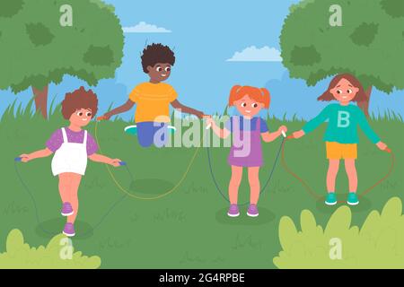 Les enfants sautent sur corde, jouent ensemble dans le terrain de jeux de la maternelle ou l'illustration vectorielle du parc urbain vert d'été. Dessin animé mignon garçon fille enfants personnages jouant à l'extérieur l'été, heureux fond d'enfance Illustration de Vecteur