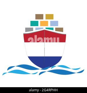 Concept design cargo navire avec drapeau des pays-Bas. Conteneurs de navires commerciaux importation et exportation logistique maritime. Illustration vectorielle Illustration de Vecteur