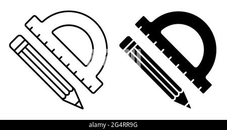 Crayon et rapporteur d'école, règle pour esquisser dans les leçons de géométrie. Icône linéaire. Vecteur noir et blanc simple Illustration de Vecteur