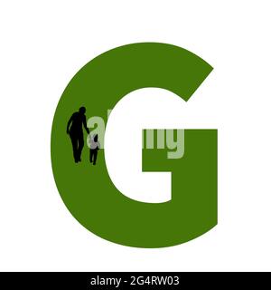 Lettre G de l'alphabet avec silhouette d'une mère et d'un enfant marchant, en vert et noir Banque D'Images