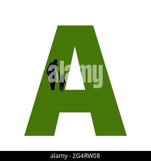 Lettre A de l'alphabet avec silhouette d'une mère et d'un enfant marchant, en vert et noir Banque D'Images