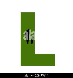 Lettre L de l'alphabet avec silhouette d'une mère et d'un enfant marchant, en vert et noir Banque D'Images