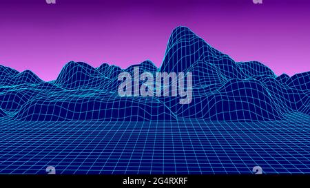 Abstrait Wireframe paysage style années 80. Grille vectorielle futuriste rétro. La technologie est un arrière-plan néons avec des montagnes. Illustration de Vecteur