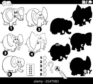 Dessin animé noir et blanc illustration de trouver les bonnes ombres à l'image jeu éducatif pour les enfants avec des éléphants personnages animaux couleur Illustration de Vecteur